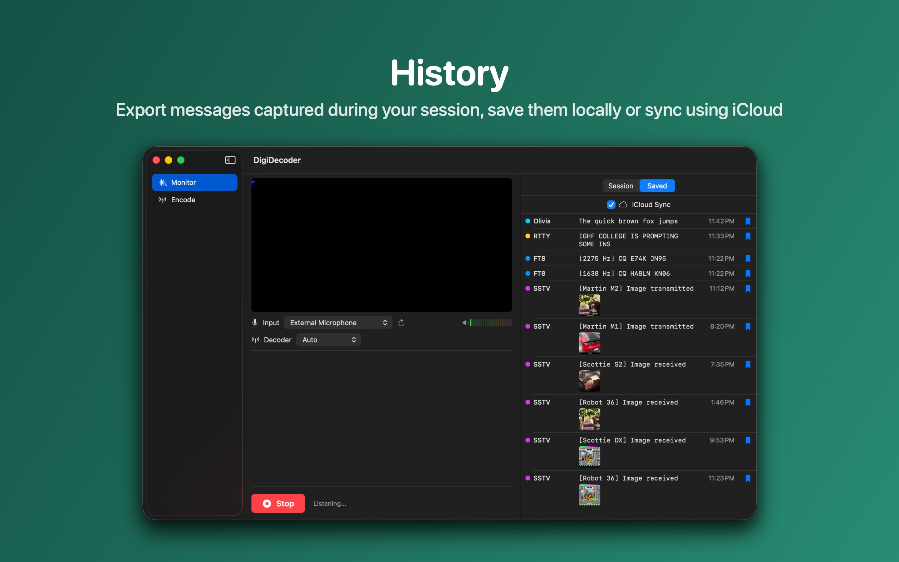 Session and saved message history with iCloud sync