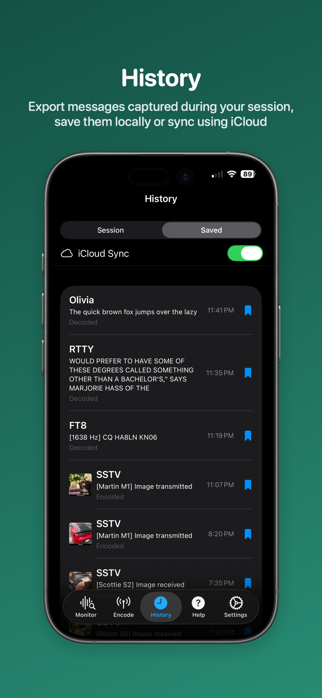 Session and saved message history with iCloud sync