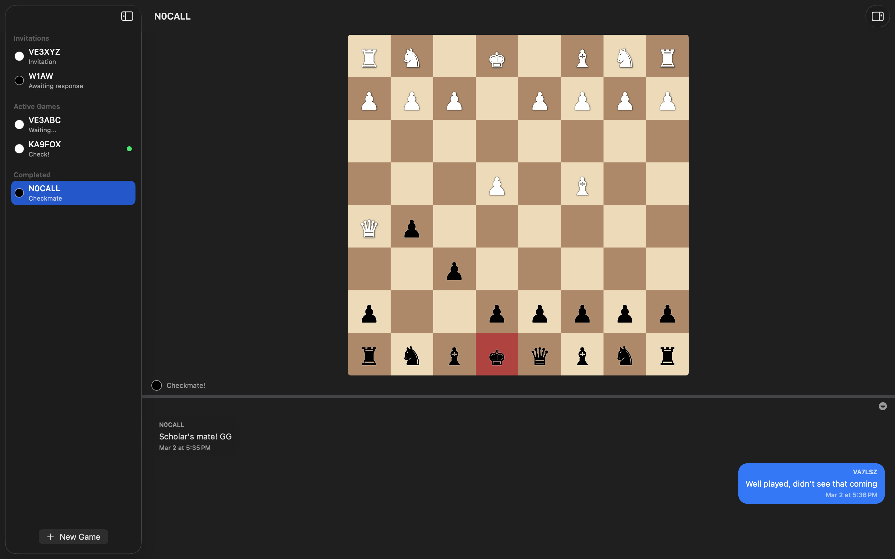 PacketChess macOS checkmate screen