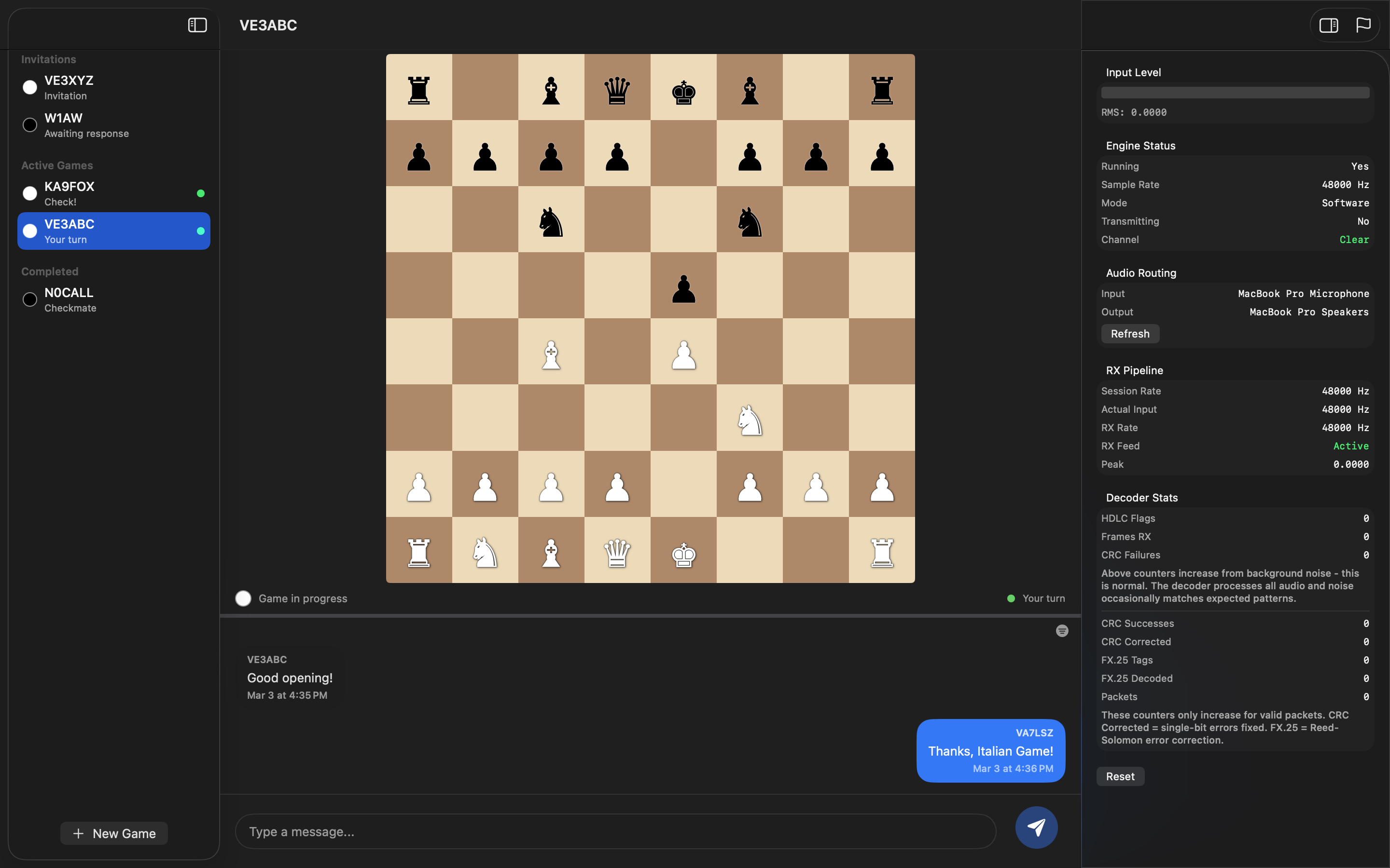 PacketChess macOS opening position
