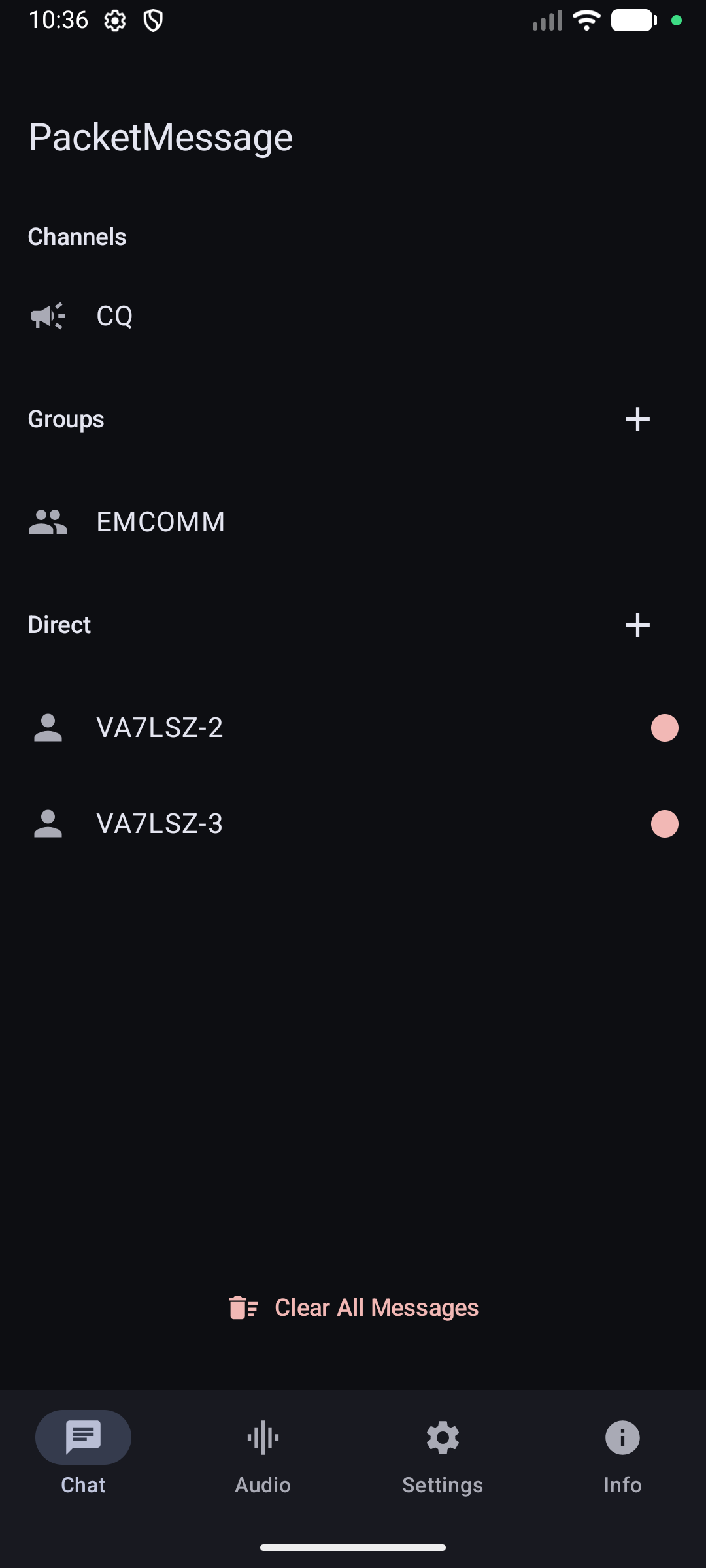 PacketMessage Android main screen showing channels, groups, and direct messages